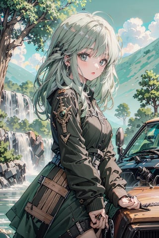(green gray hair color)  Create an artwork showcasing a country girl wearing a fortified suit adorned with nature-inspired mechanical parts and harmoniously designed robot joints. Illustrate her exploring the countryside, blending technological advancements with the beauty of nature.
