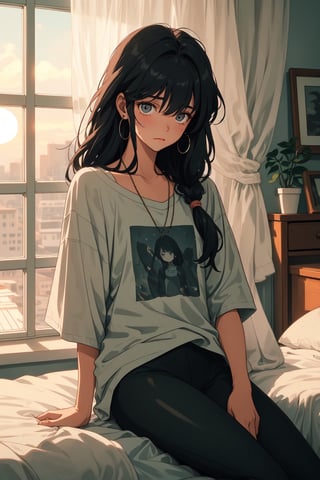 A young girl sitting alone in her room, staring out the window. She is wearing a baggy t-shirt and leggings, and her hair is a mess. Her eyes are filled with sadness and despair. The room is dark and cluttered, and the only light comes from the setting sun outside. The girl is clearly struggling, and she feels like she is all alone in the world.