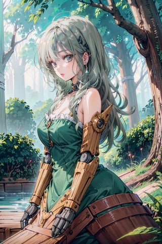 (green gray hair color) Create a whimsical artwork of a girl wearing a fortified suit that incorporates nature-inspired mechanical elements and delicate robot joints. Illustrate her in a magical forest setting, interacting harmoniously with robotic creatures while harnessing the suit's powers.,vayneSoL,arcane style,angelboobs,phlg