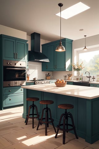 A large and airy kitchen with a mix of industrial and modern design elements. The walls are painted exposed brick, and the floors are covered in concrete. The kitchen island is made of stainless steel and wood, and it has a built-in stovetop and sink. The cabinets are black with brushed metal hardware. The kitchen is also equipped with state-of-the-art appliances, such as a smart refrigerator and a convection oven. The overall atmosphere of the kitchen is one of luxury, efficiency, and style.