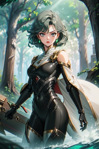 (green gray hair color) Create a whimsical artwork of a girl wearing a fortified suit that incorporates nature-inspired mechanical elements and delicate robot joints. Illustrate her in a magical forest setting, interacting harmoniously with robotic creatures while harnessing the suit's powers.,vayneSoL