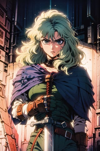 (((from below))a woman with blue hair holding a sword,  ((green gray hair)) ((long wavy hair)) warrior suit , viking suit, knights of zodiac girl, berserk art style, griffith from berserk, from berserk, vincent di fate nausicaa, griffith, manara, knights of zodiac girl, tsutomu nihei art, berserk style, in berserk manga, 80 s anime art style, portrait of a female anime hero