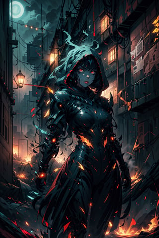 Create an image of a mechanized warlock in a dystopian city. The figure is clad in dark robes with a hood, glowing red eyes, and intricate armor that fuses technology and arcane symbols. The environment is dark, lit by the glow of the warlock's armor and the distant city lights. focus on high detail and contrast, with a balance between the fantastical elements and the grounded, realistic textures.,retro