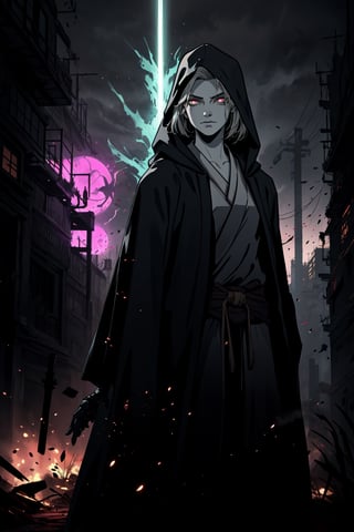 Create an image of a mechanized warlock in a dystopian city. The figure is clad in dark robes with a hood, glowing red eyes, and intricate armor that fuses technology and arcane symbols. The environment is dark, lit by the glow of the warlock's armor and the distant city lights. focus on high detail and contrast, with a balance between the fantastical elements and the grounded, realistic textures.,retro,android17,emma sekiro