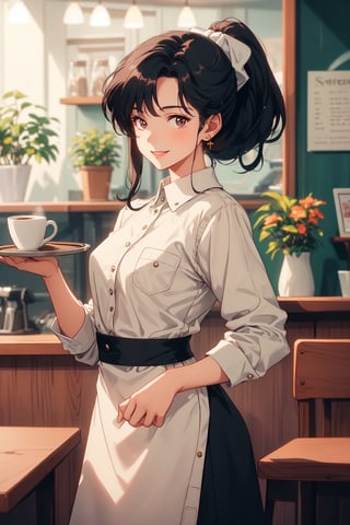 A young waitress girl standing at a table, holding a tray with two cups of coffee. She is smiling and friendly, and she has a warm and inviting demeanor. She is wearing a neat and clean uniform, and her hair is pulled back in a ponytail. The coffee shop is busy and lively, and the waitress girl is clearly enjoying her job.