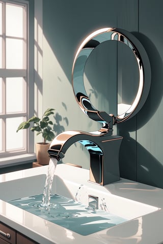 A close-up of a unique bathroom faucet. The faucet is made of a combination of glass and metal, and it has a futuristic design. The water flows out of the faucet in a spiral pattern. The background is blurred, but you can see that the faucet is installed in a modern bathroom.