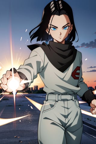 1boy, ki on hand, Gray hair, winter_clothes ,android 17, blue eyes, black hair,parted hair,short hair, speed flying, aura 