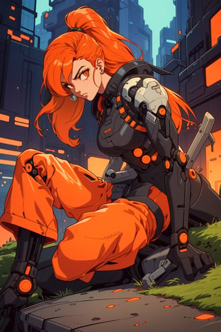 ((90s style)) Create an image of a 1girl  sleek ((orange hair)), advanced mechanical joints, designed as a futuristic defender. Show him in a dynamic pose, ready to protect a high-tech cityscape against imminent threats, utilizing his enhanced abilities,90s style,retro,,1990s (style),90s