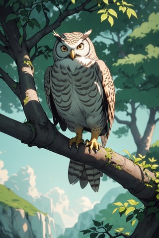 A large, robotic owl perched on a branch in a tree. The owl is made of metal and plastic, and it has realistic feathers and eyes. It is also equipped with cameras and sensors that allow it to see and hear its surroundings. The robotic owl is blending in perfectly with the other owls in the tree, and it is difficult to tell that it is not real.