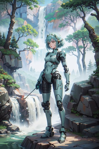 (green gray hair color) Create a whimsical artwork of a girl wearing a fortified suit that incorporates nature-inspired mechanical elements and delicate robot joints. Illustrate her in a magical forest setting, interacting harmoniously with robotic creatures while harnessing the suit's powers.,vayneSoL,arcane style