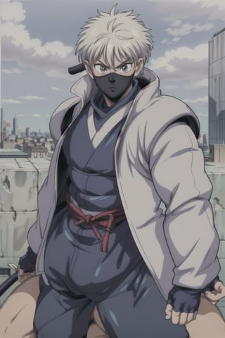 Create an image of a ((Ninja guy)) with sleek, designed as a futuristic defender. Show him in a dynamic pose, ready to protect a high-tech cityscape against imminent threats, utilizing his enhanced abilities,retro,killua_zoldyck