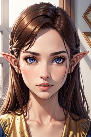 1woman, (masterpiece), (high resolution), (8K), (extremely detailed), (4k), (CG), (perfect face), (nice eyes and face), (best quality), (super detailed), (detailed face and eyes), (solo), room, indoors, bed, arab, elf, coily brown hair, bronze skin, 