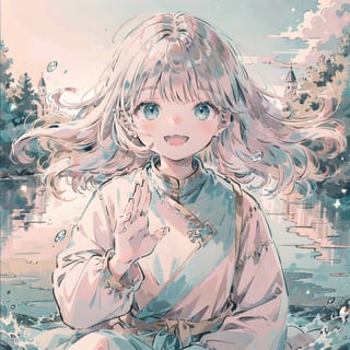 (masterpiece), scenery, upper body, 1girl, wavy hair, floating hair, smile, sitting, open mouth, light particles, silver hair, aqua eyes, looking at viewer, face focus, waving, 5 fingers 