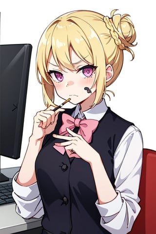 masterpiece, high quality, 8k, blonde_hair, hair_bun, pink_eyes, mad_face, smoking, office_lady, white_background,half_body