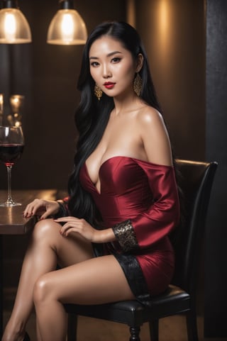 Portrait. Full body. A stunning and sensual portrait of a beautiful Asian woman with long black hair, exuding confidence and attractiveness. Dressed in an elaborate outfit and black high heels, she sat cross-legged on a chair with a glass of red wine in her hand. The lighting is soft and intimate, with a warm golden hue illuminating her features. The photo shows the amazing clarity and edge sharpness of the Hasseblade camera, making every detail of its gorgeous appearance stand out. Photography. Full body framing. Natural light.
