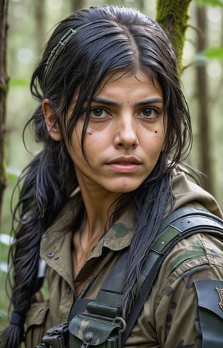 vintage closeup portrait photograph of a supernaturally beautiful Roma girl guerrilla fighter commando with long thick straight glossy black hair, she is wearing tattered camouflage commando gear in an old-growth forest setting 