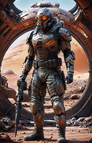 a soldier wearing a lightweight futuristic commando gear standing in a biodome on the planet Mars before a military invasion, hyperrealistic, photorealistic cinematic lighting,photo r3al