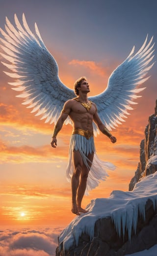 Against the backdrop of a vast, ethereal sky, the mythological figure of Icarus soars with breathtaking realism, his outstretched wings capturing the delicate hues of dawn. The meticulously detailed feathers of his wings create a mesmerizing pattern, glistening in the gentle sunlight as he ascends higher into the heavens. The warmth of the golden sun bathes his figure in a soft glow, casting a subtle shadow on the wisps of clouds below. Icarus, with determination etched on his face, propels himself towards the sun, his journey encapsulating both the yearning for freedom and the tragic inevitability of his mythical fate. The celestial canvas is painted with hues of orange and pink, adding a poetic touch to this poignant moment of flight and ambition, frozen in a photorealistic tableau of classical mythology.