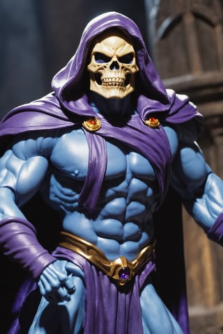A cosmic malevolence personified, Skeletor's muscular form is enhanced by dark sorcery. Draped in an otherworldly cloak adorned with cosmic symbols, his exposed skull gleams with an unnatural, ethereal glow. Skeletor's mastery of dark magic and his command of Castle Grayskull's secrets make him a formidable force against the forces of good.