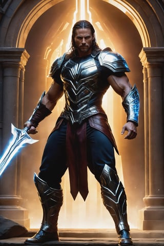 Quantum Mageblade, a towering figure with bulging muscles, seamlessly melds futuristic technology with mystical sorcery. Wielding a shimmering energy sword, Quantum Mageblade harnesses the power of quantum magic to cut through both physical and metaphysical barriers, defending the realms from futuristic threats.