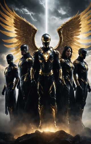 Imagine a powerful team of superheroes striking a dynamic group pose. Four of them radiate a sense of celestial grace, adorned in regal white and gold colors, each donning angelic wings that symbolize their ethereal nature. Their faces are adorned with warm smiles, reflecting a sense of hope and goodness.In stark contrast, a lone superhero stands in all black, emanating an aura of brooding intensity. The darkness surrounding this character is accentuated by ominous skulls and serpents, which intertwine with their ominous presence. The superhero in black wears an expression of anger and determination, setting them apart from the luminous optimism of their counterparts.This powerful group photo captures the dichotomy between light and darkness, good and evil, within the superhero team. The visual narrative unfolds with each character embodying a distinct persona, collectively creating a captivating tableau of contrasting forces within the realm of superheroes.,LegendDarkFantasy,photo r3al,Red mecha