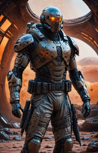 a soldier wearing a lightweight futuristic commando gear standing in a biodome on the planet Mars before a military invasion, hyperrealistic, photorealistic cinematic lighting,photo real