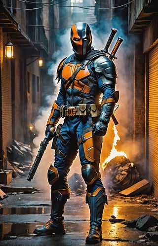 In a dimly lit alley, a portrait of legendary DC anti-hero Deathstroke comes to life with grim intensity. The mercenary stands stoically, bathed in the harsh glow of a lone lantern, casting sharp shadows across the jagged contours of his battle-worn armor. His helmet exudes a menacing aura, revealing only a piercing, cold gaze that speaks volumes about a lifetime of war. The metallic sheen of his orange and blue armor reflects ambient light, telling stories of countless battles and close encounters. Strands of white hair protrude from the edges of the mask, adding an aura of mature wisdom to the formidable face. The faint glow of a cigar between clenched teeth releases thin wisps of smoke, adding an element of gruff determination to this portrait of a complex and enigmatic DC character. 8K, Full body