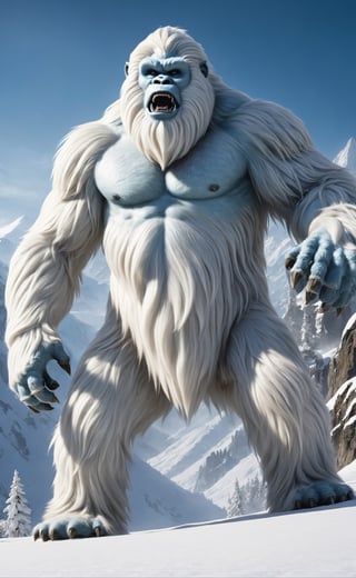 Amidst the towering peaks of a majestic mountain range, a photorealistic depiction of the mythical creature known as the Yeti comes to life. Against a backdrop of pristine snow-covered slopes and craggy cliffs, the enigmatic beast stands upright, covered in a thick, frosty fur that perfectly camouflages it in its wintry habitat. The creature's powerful frame is defined by sinewy muscles beneath its fur, and its large, clawed feet leave deep imprints in the snow as it navigates the rugged terrain. The Yeti's face is characterized by piercing eyes that peer out from beneath a fur-covered brow, emanating an air of mystery and ancient wisdom. Wisps of icy breath escape its formidable jaws, creating a tangible sense of the frigid mountain air. This photorealistic portrayal captures the mythical Yeti in its natural alpine environment, a silent and elusive guardian of the snow-capped peaks, shrouded in the aura of legend and the quiet majesty of the mountains.