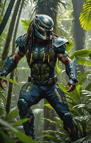 Amidst the dense, otherworldly foliage of a lush extraterrestrial jungle, the fearsome Yautja warrior, known as the Predator, emerges as the apex hunter in a riveting cinematic scene. Towering over the alien landscape, the Predator's hulking, heavily armored physique is cloaked in a mesh of advanced technology and natural camouflage. Its iconic mandibles extend menacingly from its reptilian-like face, revealing the creature's predatory intent. The creature's skin, adorned with tribal scars and hints of shimmering luminescence, adds an air of mystique to its formidable presence. In one hand, the Predator firmly grips a sleek, otherworldly plasma caster, ready to unleash devastating energy at its prey. The jungle canopy above is disturbed by the displacement of air caused by the Predator's cloaked form, creating an eerie distortion of light and shadows. The extraterrestrial atmosphere is palpable as the hunter becomes one with the environment, embodying the perfect blend of stealth, advanced weaponry, and primal instinct that defines this iconic cinematic character.,LegendDarkFantasy