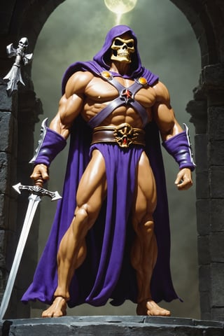 Skeletor, a menacing and skeletal figure, rules over the dark forces from within Castle Grayskull. His muscular frame is clad in dark, tattered robes, and his skull-like visage emanates an aura of malevolence. Skeletor wields a Havoc Staff, channeling dark energies to command the minions that serve his sinister purpose.