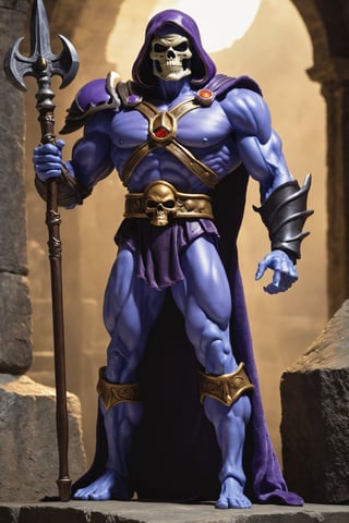 Skeletor, a menacing and skeletal figure, rules over the dark forces from within Castle Grayskull. His muscular frame is clad in dark, tattered robes, and his skull-like visage emanates an aura of malevolence. Skeletor wields a Havoc Staff, channeling dark energies to command the minions that serve his sinister purpose.