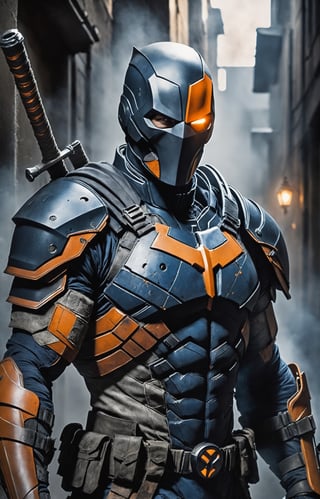 In a dimly lit alley, a portrait of legendary DC anti-hero Deathstroke comes to life with grim intensity. The mercenary stands stoically, bathed in the harsh glow of a lone lantern, casting sharp shadows across the jagged contours of his battle-worn armor. His one-eyed helmet exudes a menacing aura, revealing only a piercing, cold gaze that speaks volumes about a lifetime of war. The metallic sheen of his orange and blue armor reflects ambient light, telling stories of countless battles and close encounters. Strands of white hair protrude from the edges of the mask, adding an aura of mature wisdom to the formidable face. The faint glow of a cigar between clenched teeth releases thin wisps of smoke, adding an element of gruff determination to this portrait of a complex and enigmatic DC character.