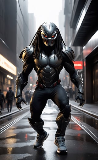 Despite the chaotic energy of the city surrounding it, the predator navigates the labyrinthine streets with ease, its senses honed to a razor-sharp edge as it tracks its prey through the urban sprawl. With each silent step, it blends effortlessly into the throngs of pedestrians, its presence unnoticed amidst the hustle and bustle of city life.
Beneath the hood of the tracksuit, the creature's otherworldly features remain hidden from view, its eyes gleaming with a predatory intensity that pierces through the darkness. In its hands, it carries an arsenal of advanced weaponry, a testament to its formidable prowess as a hunter.