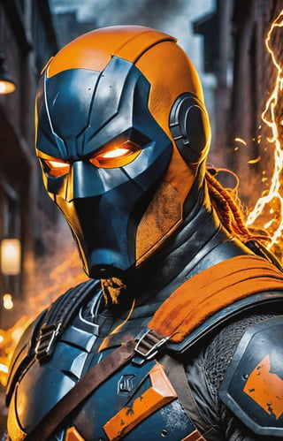 In a dimly lit alley, a portrait of legendary DC anti-hero Deathstroke comes to life with grim intensity. The mercenary stands stoically, bathed in the harsh glow of a lone lantern, casting sharp shadows across the jagged contours of his battle-worn armor. His helmet exudes a menacing aura, revealing only a piercing, cold gaze that speaks volumes about a lifetime of war. The metallic sheen of his orange and blue armor reflects ambient light, telling stories of countless battles and close encounters. Strands of white hair protrude from the edges of the mask, adding an aura of mature wisdom to the formidable face. The faint glow of a cigar between clenched teeth releases thin wisps of smoke, adding an element of gruff determination to this portrait of a complex and enigmatic DC character. 8K, Full body