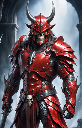 Full body. Dominating the stage is a muscular and imposing figure, clad in shiny red armor that highlights the sculpted contours of their body. The head is decorated with a skull-shaped helmet, which gives the character a sinister and terrifying aura, horns, In the figure's strong grip, a massive and intimidating battle ax shines, ready for a powerful and decisive strike, the red armor reflects the ambient light, creating a captivating play of light and shadow that highlights both the strength and the sinister presence of the character