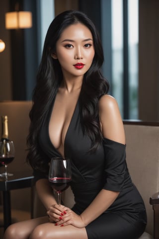 A stunning and sensual portrait of a beautiful Asian woman with long black hair, exuding confidence and attractiveness. She sat cross-legged on a chair, dressed in a sophisticated outfit and black high heels, with a glass of red wine in her hand. The lighting is soft and intimate, with a warm golden hue illuminating her features. The photo shows the amazing clarity and edge sharpness of the Hasseblade camera, making every detail of its gorgeous appearance stand out. Photography. Full body framing. Natural light.