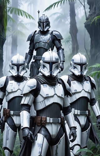 Star Wars: The Clone Wars, a squad of commando magicians posing together relaxed, all in black and gray accented armor, against a cinematic, foggy jungle background, in a documentary photography style