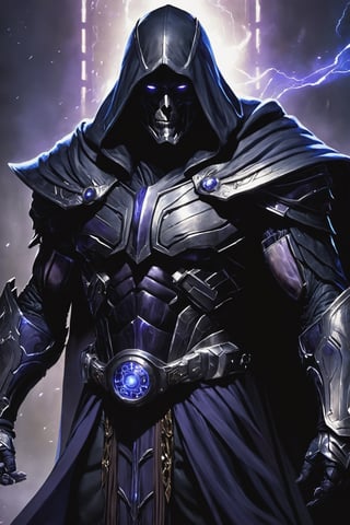 Cybersorcerer Overlord, a muscular and imposing figure, blends the dark sorcery of an overlord with cybernetic augmentation. Draped in an ominous, tech-infused cloak, Cybersorcerer Overlord wields a corrupted energy blade, ruling over a dystopian future with both magical and technological might.