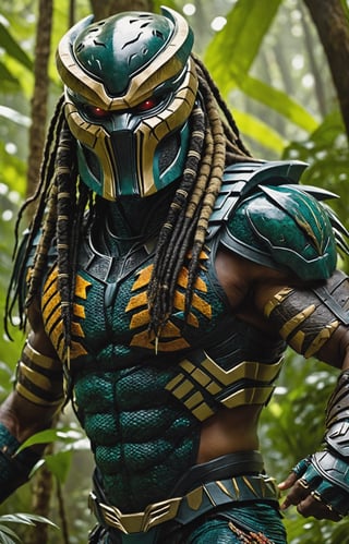 Amidst the dense, otherworldly foliage of a lush extraterrestrial jungle, the fearsome Yautja warrior, known as the Predator, emerges as the apex hunter in a riveting cinematic scene. Towering over the alien landscape, the Predator's hulking, heavily armored physique is cloaked in a mesh of advanced technology and natural camouflage. Its iconic mandibles extend menacingly from its reptilian-like face, revealing the creature's predatory intent. The creature's skin, adorned with tribal scars and hints of shimmering luminescence, adds an air of mystique to its formidable presence. In one hand, the Predator firmly grips a sleek, otherworldly plasma caster, ready to unleash devastating energy at its prey. The jungle canopy above is disturbed by the displacement of air caused by the Predator's cloaked form, creating an eerie distortion of light and shadows. The extraterrestrial atmosphere is palpable as the hunter becomes one with the environment, embodying the perfect blend of stealth, advanced weaponry, and primal instinct that defines this iconic cinematic character.,LegendDarkFantasy