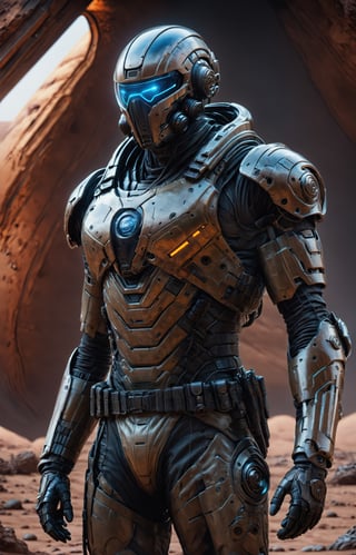 a soldier wearing a lightweight futuristic commando gear standing in a biodome on the planet Mars before a military invasion, hyperrealistic, photorealistic cinematic lighting,photo r3al
