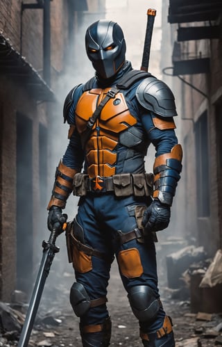 In a dimly lit alley, a portrait of legendary DC anti-hero Deathstroke comes to life with grim intensity. The mercenary stands stoically, bathed in the harsh glow of a lone lantern, casting sharp shadows across the jagged contours of his battle-worn armor. His helmet exudes a menacing aura, revealing only a piercing, cold gaze that speaks volumes about a lifetime of war. The metallic sheen of his orange and blue armor reflects ambient light, telling stories of countless battles and close encounters. Strands of white hair protrude from the edges of the mask, adding an aura of mature wisdom to the formidable face. The faint glow of a cigar between clenched teeth releases thin wisps of smoke, adding an element of gruff determination to this portrait of a complex and enigmatic DC character. 8K, Full body