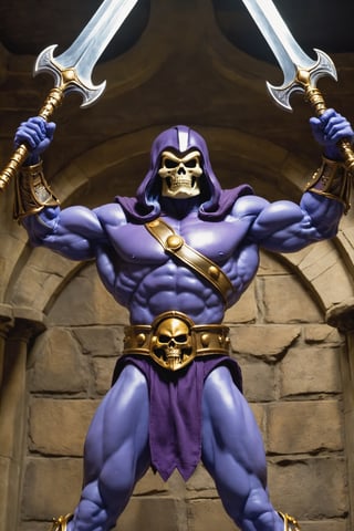 Skeletor's muscular physique is encased in ironclad armor, reflecting his tyrannical nature. His skeletal face peers out from the helmet, and his piercing eyes glow with an unholy light. Armed with a Havoc Staff and surrounded by an army of robotic minions, Skeletor stands as the unrelenting warlord determined to conquer Castle Grayskull.