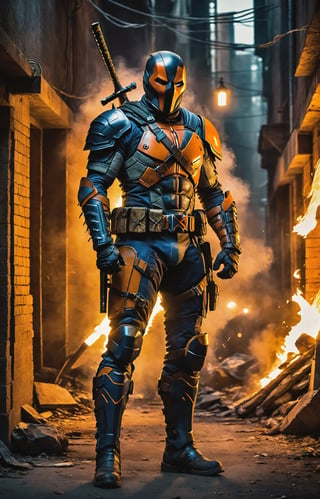 In a dimly lit alley, a portrait of legendary DC anti-hero Deathstroke comes to life with grim intensity. The mercenary stands stoically, bathed in the harsh glow of a lone lantern, casting sharp shadows across the jagged contours of his battle-worn armor. His helmet exudes a menacing aura, revealing only a piercing, cold gaze that speaks volumes about a lifetime of war. The metallic sheen of his orange and blue armor reflects ambient light, telling stories of countless battles and close encounters. Strands of white hair protrude from the edges of the mask, adding an aura of mature wisdom to the formidable face. The faint glow of a cigar between clenched teeth releases thin wisps of smoke, adding an element of gruff determination to this portrait of a complex and enigmatic DC character. 8K, Full body