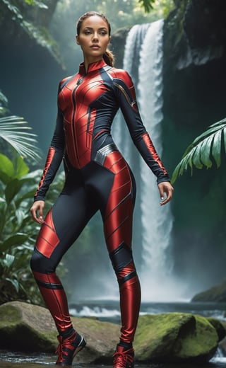 At the precipice of a lush, futuristic jungle, a superlatively athletic woman commands attention in a strikingly detailed photorealistic portrayal. Donned in a sleek and technologically advanced crimson suit reminiscent of the Black Panther's, she exudes strength and grace. The form-fitting ensemble accentuates her toned physique, seamlessly blending with the contours of her body. The reflective surfaces of the futuristic fabric catch the ambient light, creating a subtle yet mesmerizing play of highlights and shadows. Her athletic prowess is showcased as she confidently stands on the edge of a colossal waterfall, the cascading water creating a dynamic backdrop. The vibrant hues of the jungle foliage amplify the intensity of the scene, while the futuristic elements of her suit suggest a seamless integration of advanced technology with natural surroundings. This photorealistic image captures the essence of a powerful and futuristic female warrior in a visually stunning setting, ready to embark on a thrilling adventure.