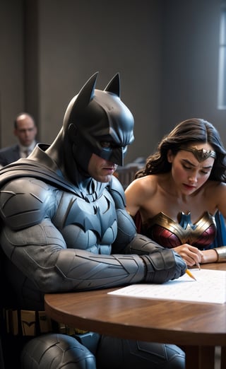 Create a 8k, photo realistic image of Batman trying to do math but math is hard and he is crying at the table over the pencil and paper. Have Wonder Woman behind him with her hand on his shoulder as she try's to comfort her friend.