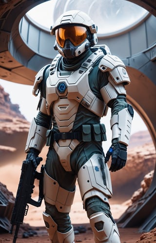 a soldier wearing a lightweight futuristic commando gear standing in a biodome on the planet Mars before a military invasion, hyperrealistic, photorealistic cinematic lighting,photo r3al