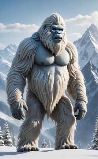 Amidst the towering peaks of a majestic mountain range, a photorealistic depiction of the mythical creature known as the Yeti comes to life. Against a backdrop of pristine snow-covered slopes and craggy cliffs, the enigmatic beast stands upright, covered in a thick, frosty fur that perfectly camouflages it in its wintry habitat. The creature's powerful frame is defined by sinewy muscles beneath its fur, and its large, clawed feet leave deep imprints in the snow as it navigates the rugged terrain. The Yeti's face is characterized by piercing eyes that peer out from beneath a fur-covered brow, emanating an air of mystery and ancient wisdom. Wisps of icy breath escape its formidable jaws, creating a tangible sense of the frigid mountain air. This photorealistic portrayal captures the mythical Yeti in its natural alpine environment, a silent and elusive guardian of the snow-capped peaks, shrouded in the aura of legend and the quiet majesty of the mountains.