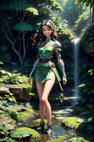 N64 illustration,1 (((skinny))) ((young)) ((Meika woollard)) teen girl knight, ((caucasian high detaild skin)), (beautiful cute detailed face), (beautiful detailed green eyes), ((tiny breast)), (((slim hips))), (((slim legs))), slender body, ((posing)), solo, ((detailed scaly steel plate armor, belt, buckle, ((in beautiful stunning bizarre rocky waterfall paradise garden)), ((misty air particles)), ((smiling)), (intricately detailed diverse jungle vegetation)), ((intricately detailed background)), (intricate details cumulus cloud sky) 8k uhd, cinematic soft lighting, god rays