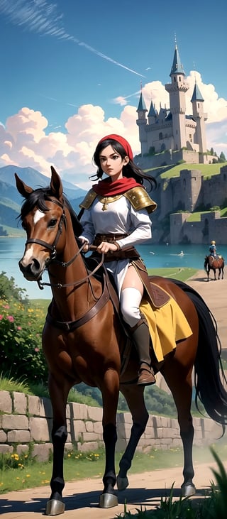 Capture the essence of epic clashes and scenic beauty with this battle wallpaper, (((Picture a beautiful young female warrior riding a horse through a medieval battleground))). In the background, a majestic stone castle overlooks a tranquil lake, while sheep graze peacefully in a lush garden. Towering mountains frame the horizon under a picturesque sky. This scene, inspired by Age of Empires, combines the thrill of speed with the grandeur of medieval times, creating a truly captivating wallpaper
 