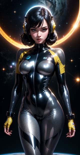 a girl, thunder yellow jacket, tight suit,Space helm of the 1960s,and the anime series G Force of the 1980s,Darf Punk wlop glossy skin, ultrarealistic sweet girl, space helm 60s, holographic, holographic texture, the style of wlop, space, black hair,